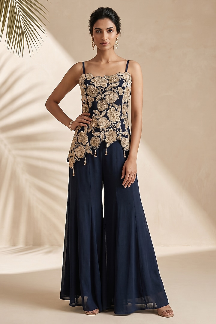 Blue Silk Wedding Sharara Set by Aneesh Agarwaal PRET at Pernia's Pop Up Shop