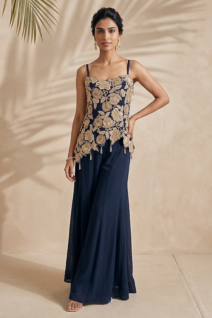 Blue Silk Wedding Sharara Set by Aneesh Agarwaal PRET at Pernia's Pop Up Shop