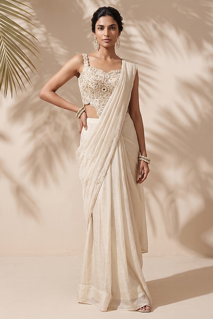 Ivory Handloom Silk Tissue Pre-Stitched Wedding Saree Set by Aneesh Agarwaal PRET at Pernia's Pop Up Shop