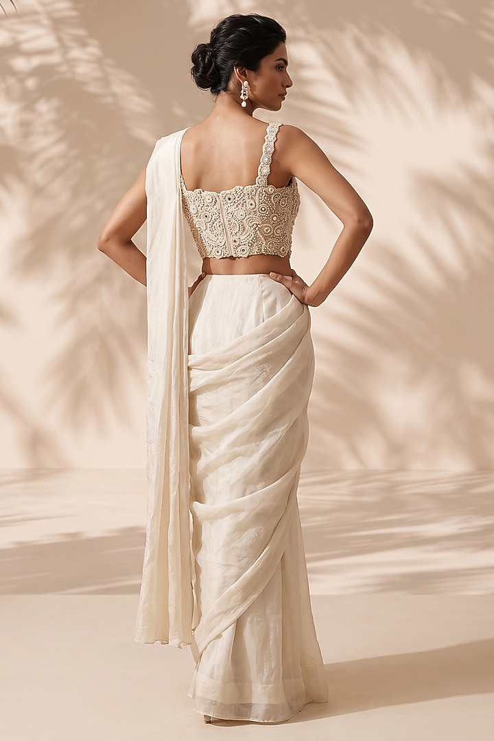 Ivory Handloom Silk Tissue Pre-Stitched Wedding Saree Set by Aneesh Agarwaal PRET at Pernia's Pop Up Shop