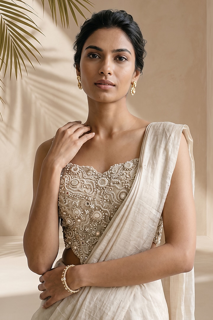 Ivory Handloom Silk Tissue Pre-Stitched Wedding Saree Set by Aneesh Agarwaal PRET at Pernia's Pop Up Shop