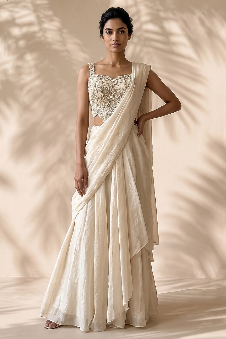 Ivory Handloom Silk Tissue Pre-Stitched Wedding Saree Set by Aneesh Agarwaal PRET at Pernia's Pop Up Shop