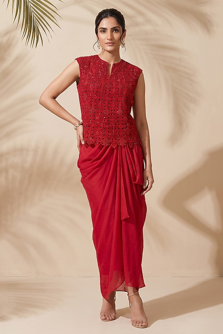 Red Silk Dupion Draped Skirt Set by Aneesh Agarwaal PRET at Pernia's Pop Up Shop