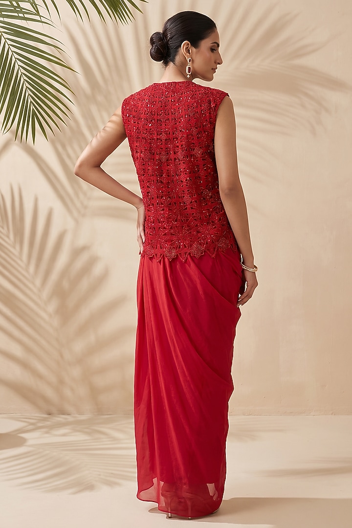 Red Silk Dupion Draped Skirt Set by Aneesh Agarwaal PRET at Pernia's Pop Up Shop