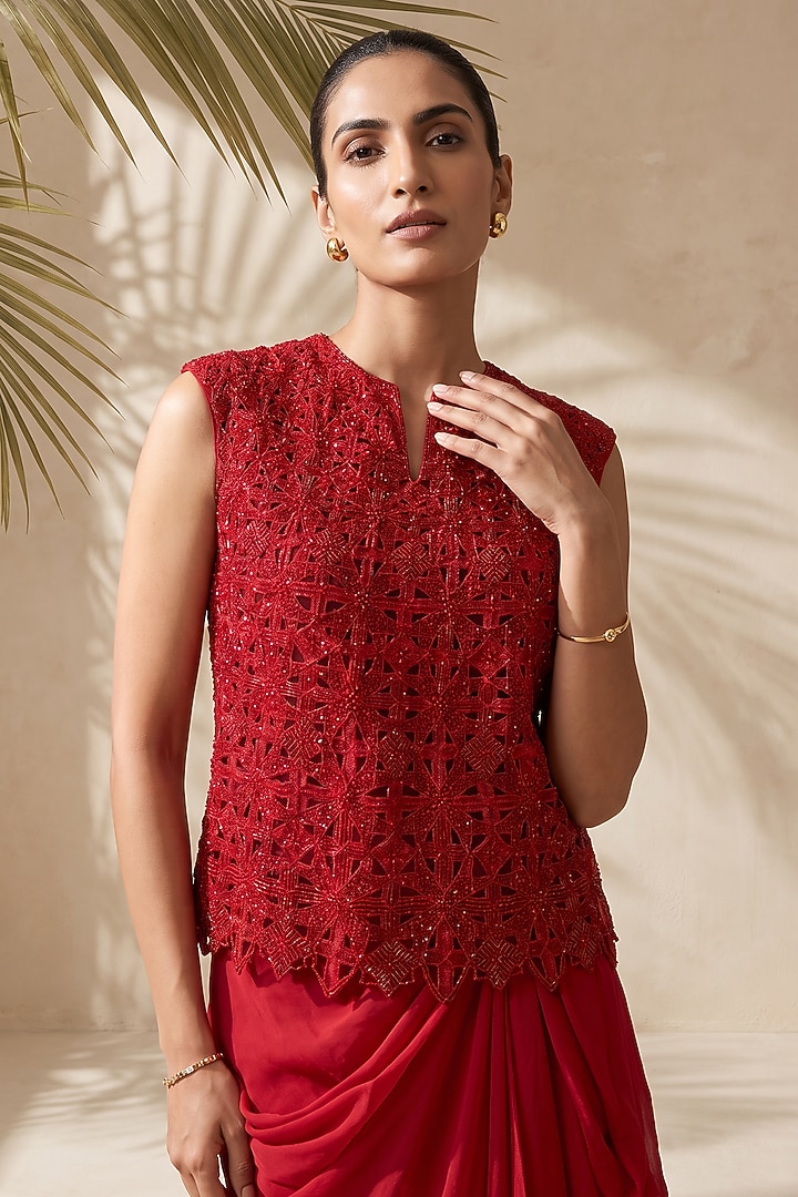 Red Silk Dupion Draped Skirt Set by Aneesh Agarwaal PRET at Pernia's Pop Up Shop