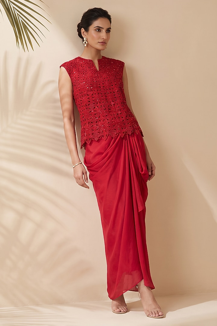 Red Silk Dupion Draped Skirt Set by Aneesh Agarwaal PRET at Pernia's Pop Up Shop