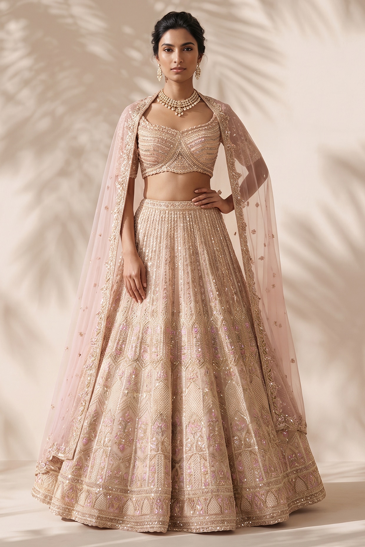 Aneesh Agarwaal PRET Beige Organza Sequin Hand Embroidered Bridal Lehenga Set