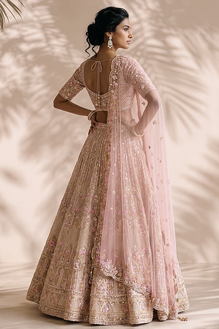 Beige Organza Sequin Hand Embroidered Bridal Bridal Lehenga Set by Aneesh Agarwaal PRET at Pernia's Pop Up Shop