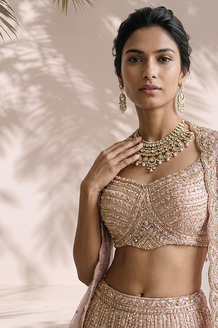 Beige Organza Sequin Hand Embroidered Bridal Bridal Lehenga Set by Aneesh Agarwaal PRET at Pernia's Pop Up Shop