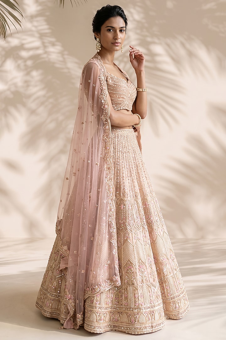Beige Organza Sequin Hand Embroidered Bridal Bridal Lehenga Set by Aneesh Agarwaal PRET at Pernia's Pop Up Shop