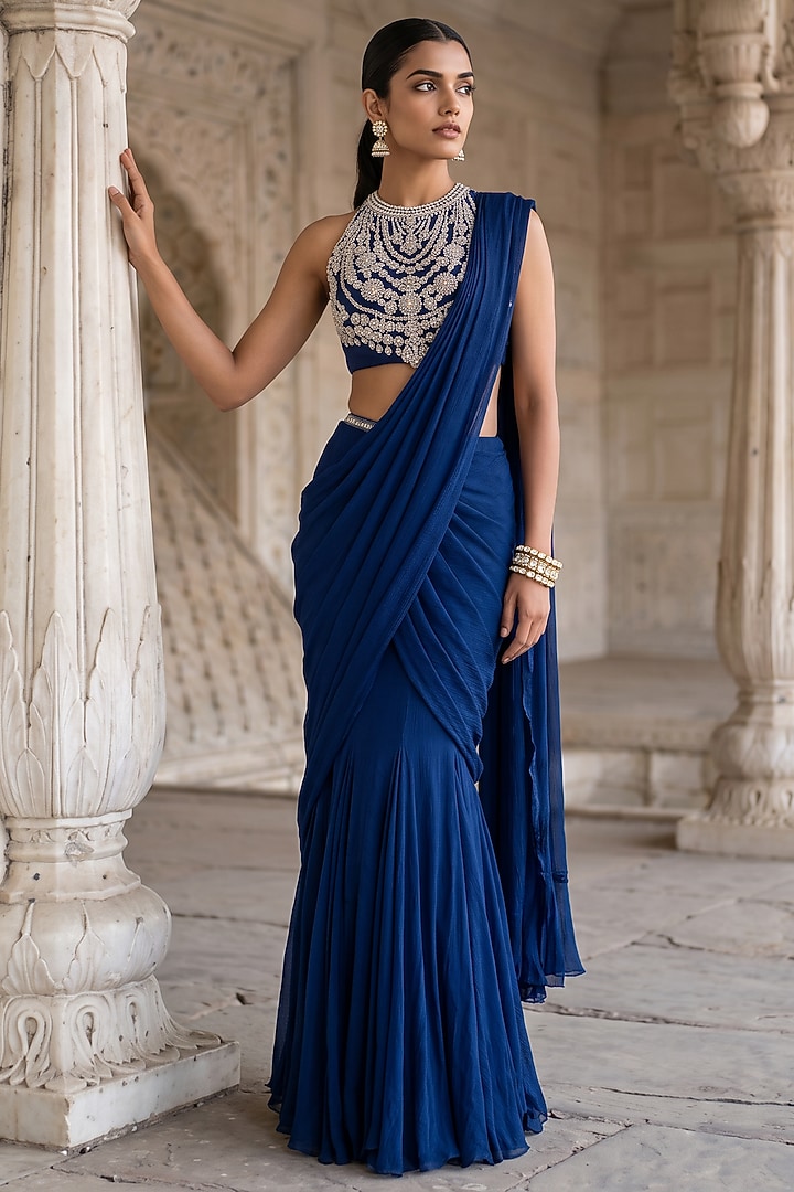 Blue Satin Chiffon Pre-Stitched Wedding Saree Set by Aneesh Agarwaal PRET at Pernia's Pop Up Shop