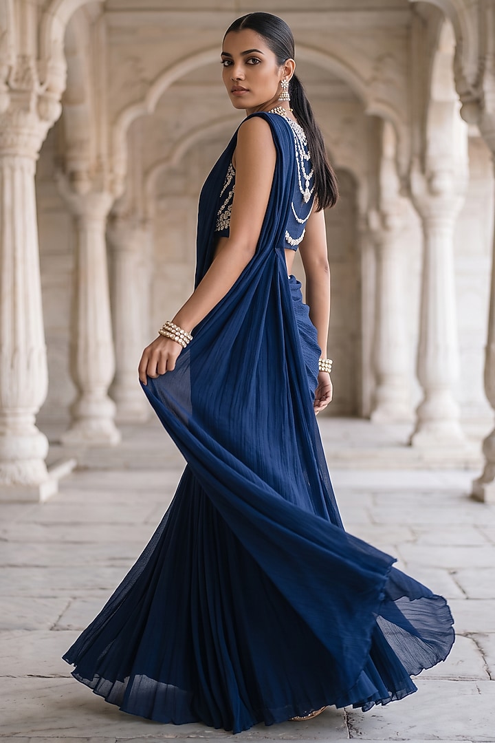 Blue Satin Chiffon Pre-Stitched Wedding Saree Set by Aneesh Agarwaal PRET at Pernia's Pop Up Shop