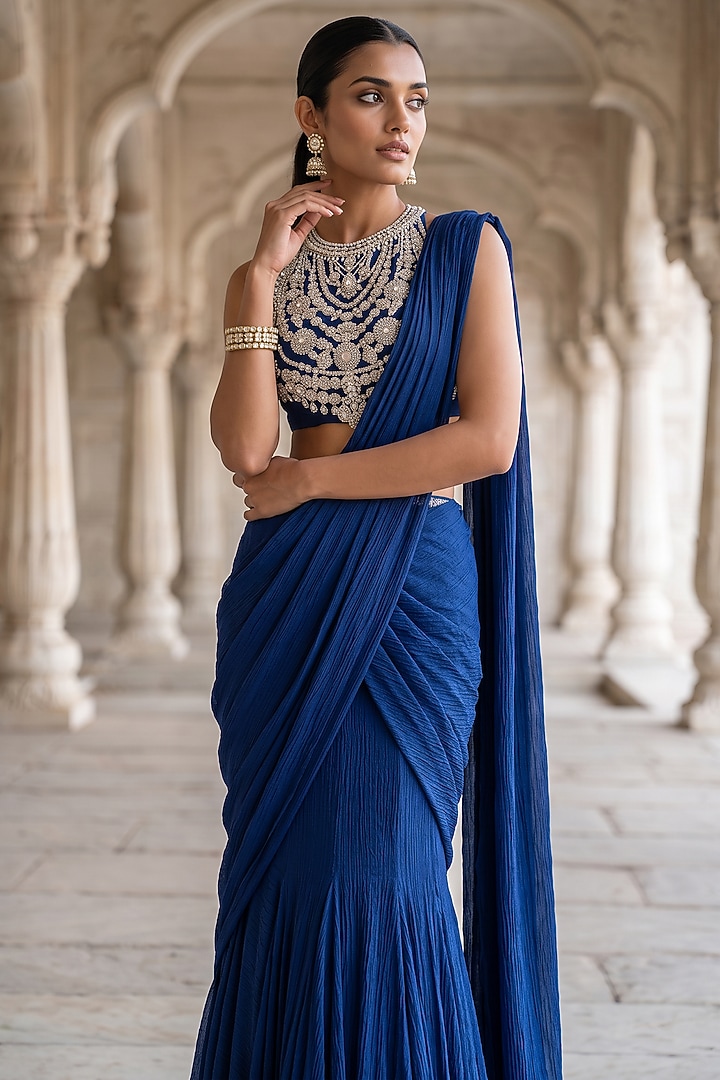 Blue Satin Chiffon Pre-Stitched Wedding Saree Set by Aneesh Agarwaal PRET at Pernia's Pop Up Shop