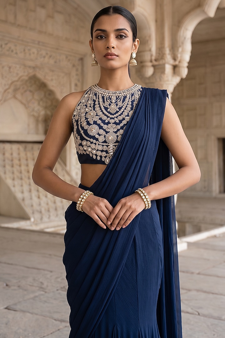Blue Satin Chiffon Pre-Stitched Wedding Saree Set by Aneesh Agarwaal PRET at Pernia's Pop Up Shop
