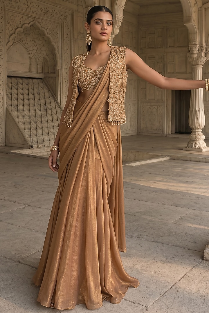 Gold Tissue Zardosi Embroidered Pre-Draped Jacket Reception Saree Set by Aneesh Agarwaal PRET at Pernia's Pop Up Shop
