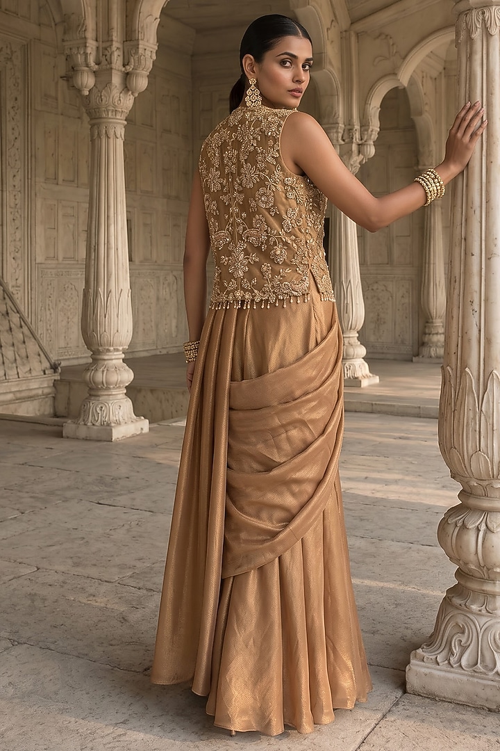 Gold Tissue Zardosi Embroidered Pre-Draped Jacket Reception Saree Set by Aneesh Agarwaal PRET at Pernia's Pop Up Shop