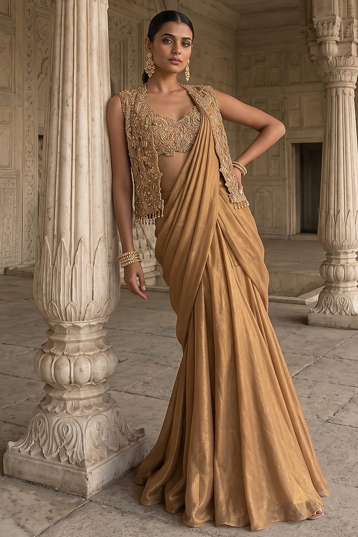 Gold Tissue Zardosi Embroidered Pre-Draped Jacket Reception Saree Set by Aneesh Agarwaal PRET at Pernia's Pop Up Shop