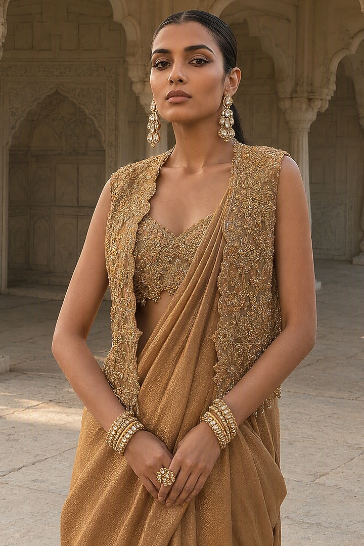 Gold Tissue Zardosi Embroidered Pre-Draped Jacket Reception Saree Set by Aneesh Agarwaal PRET at Pernia's Pop Up Shop