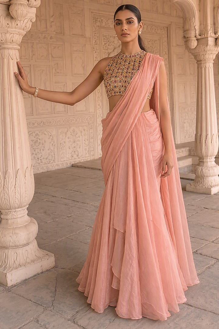 Peach Silk Handwoven Tissue Pre-Draped Wedding Saree Set by Aneesh Agarwaal PRET at Pernia's Pop Up Shop