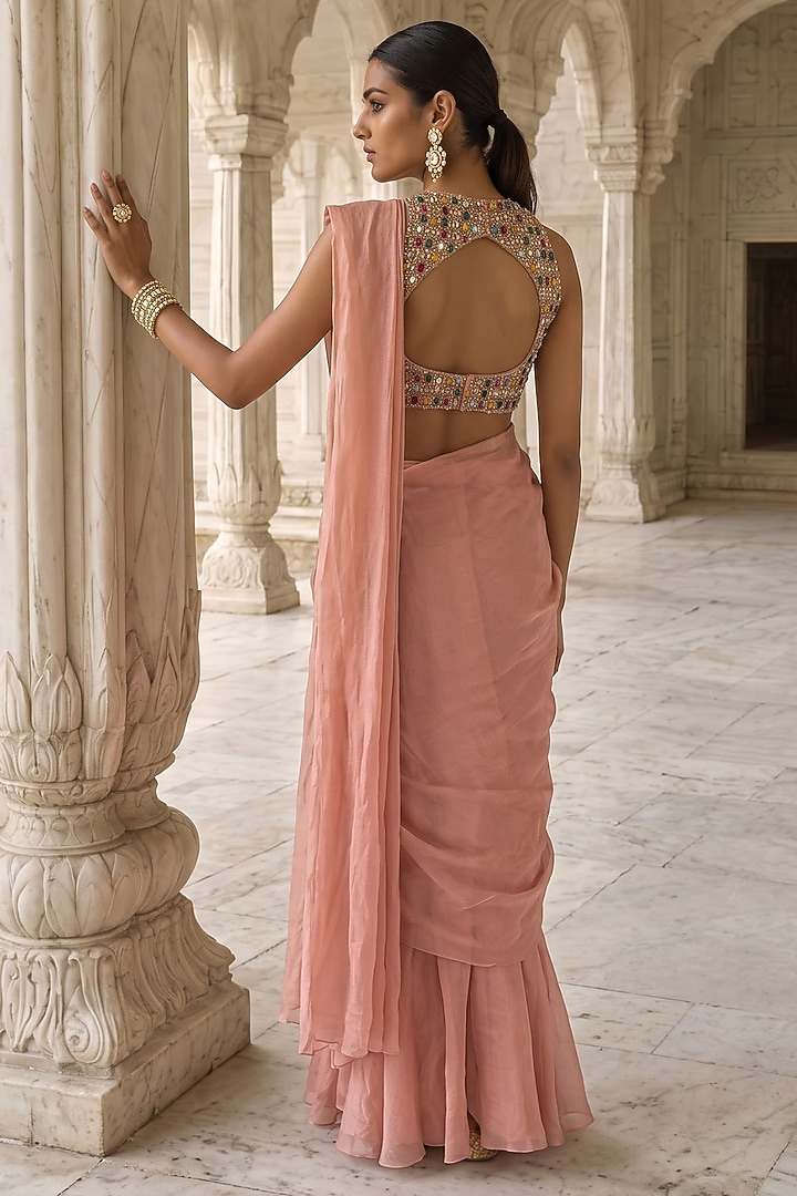 Peach Silk Handwoven Tissue Pre-Draped Wedding Saree Set by Aneesh Agarwaal PRET at Pernia's Pop Up Shop