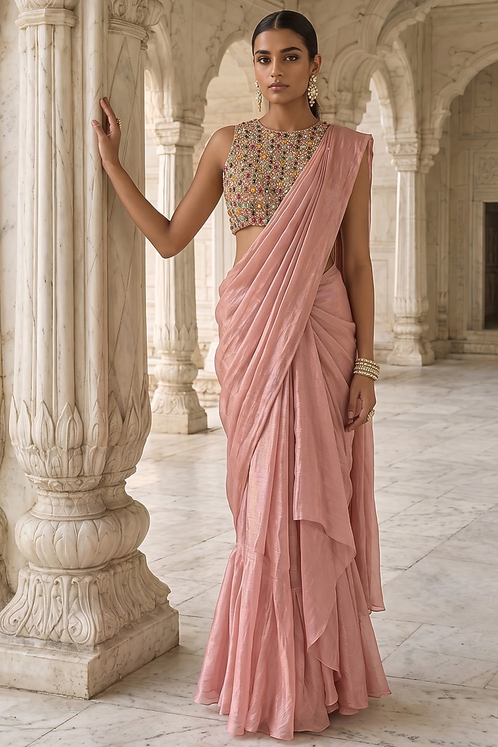 Peach Silk Handwoven Tissue Pre-Draped Wedding Saree Set by Aneesh Agarwaal PRET at Pernia's Pop Up Shop