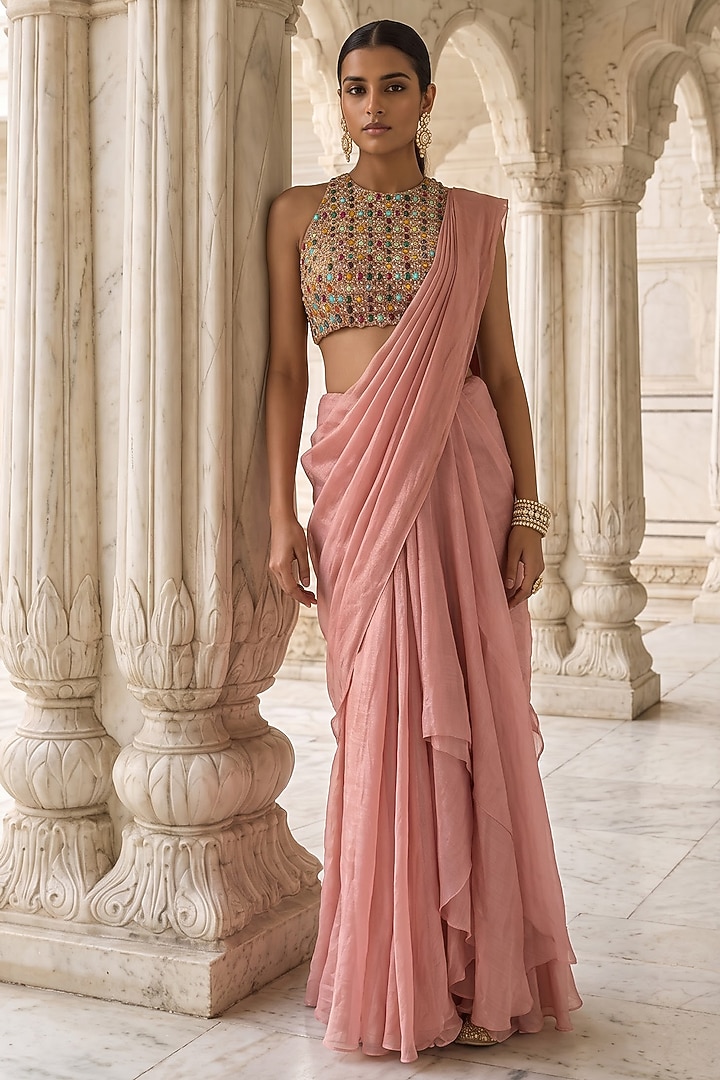 Peach Silk Handwoven Tissue Pre-Draped Wedding Saree Set by Aneesh Agarwaal PRET at Pernia's Pop Up Shop