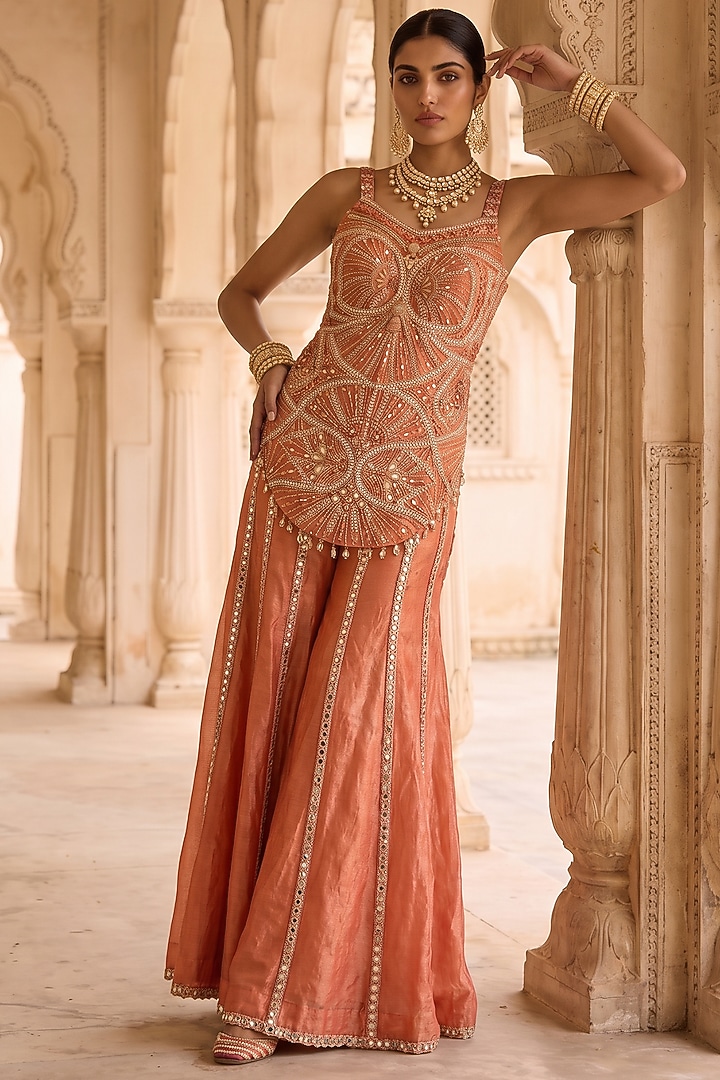 Orange Silk Tissue Hand Embroidered Wedding Sharara Set by Aneesh Agarwaal PRET at Pernia's Pop Up Shop