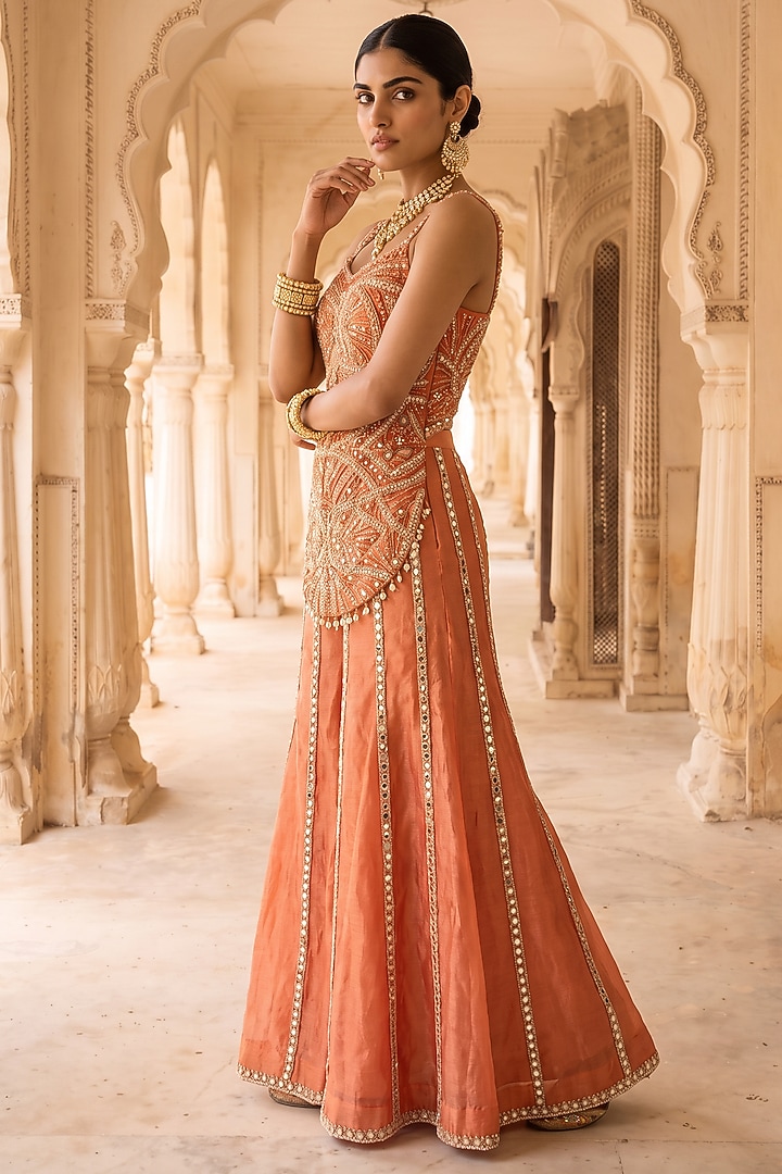 Orange Silk Tissue Hand Embroidered Wedding Sharara Set by Aneesh Agarwaal PRET at Pernia's Pop Up Shop