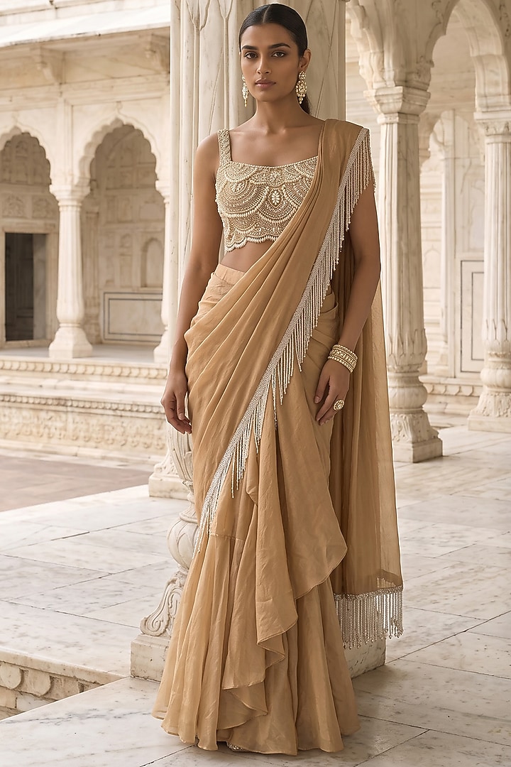 Gold Silk Tissue Hand Embroidered Pre-Draped Wedding Saree Set by Aneesh Agarwaal PRET at Pernia's Pop Up Shop