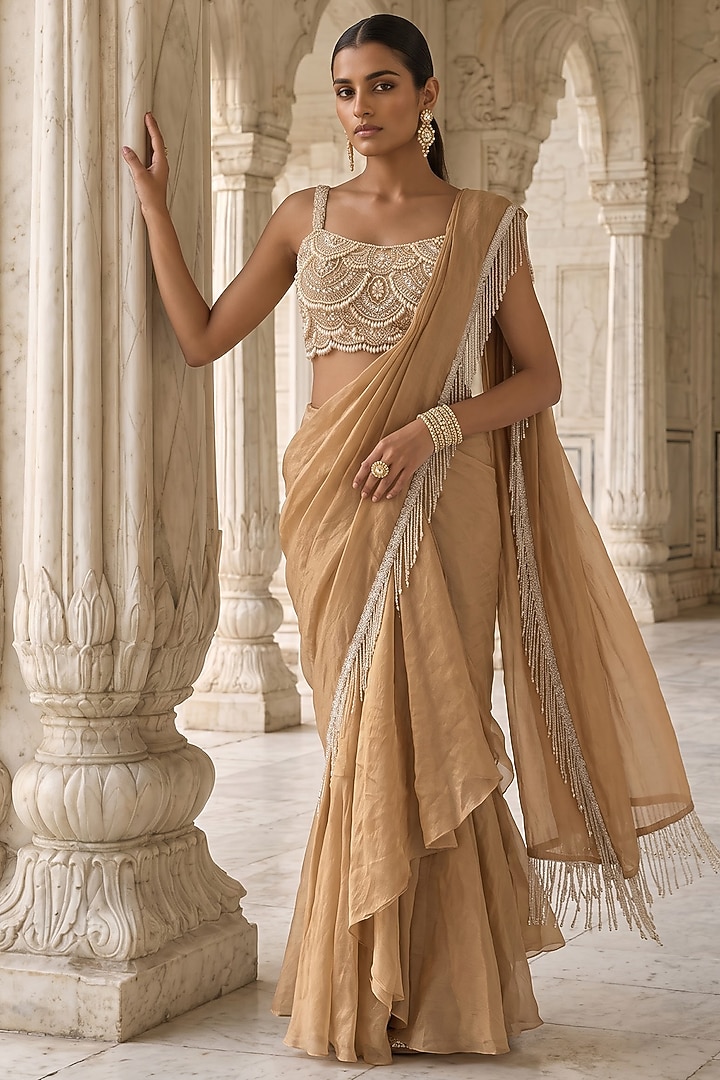 Gold Silk Tissue Hand Embroidered Pre-Draped Wedding Saree Set by Aneesh Agarwaal PRET at Pernia's Pop Up Shop
