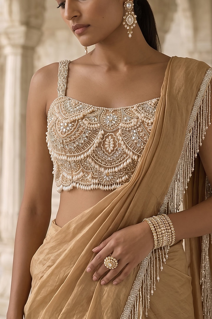 Gold Silk Tissue Hand Embroidered Pre-Draped Wedding Saree Set by Aneesh Agarwaal PRET at Pernia's Pop Up Shop
