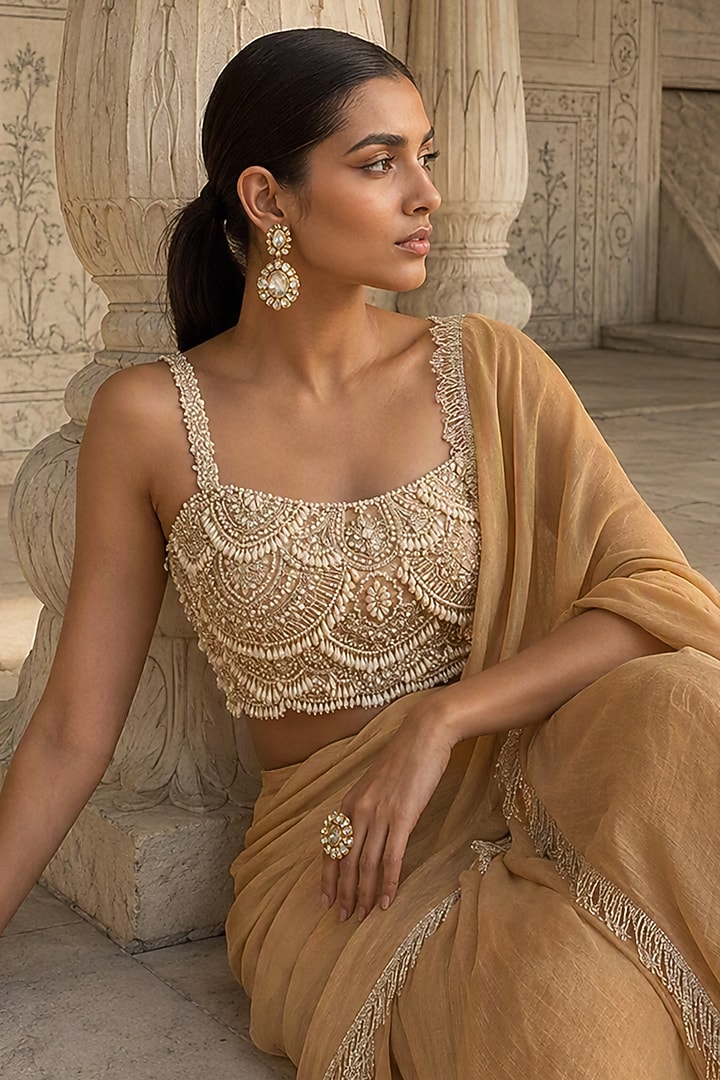 Gold Silk Tissue Hand Embroidered Pre-Draped Wedding Saree Set by Aneesh Agarwaal PRET at Pernia's Pop Up Shop