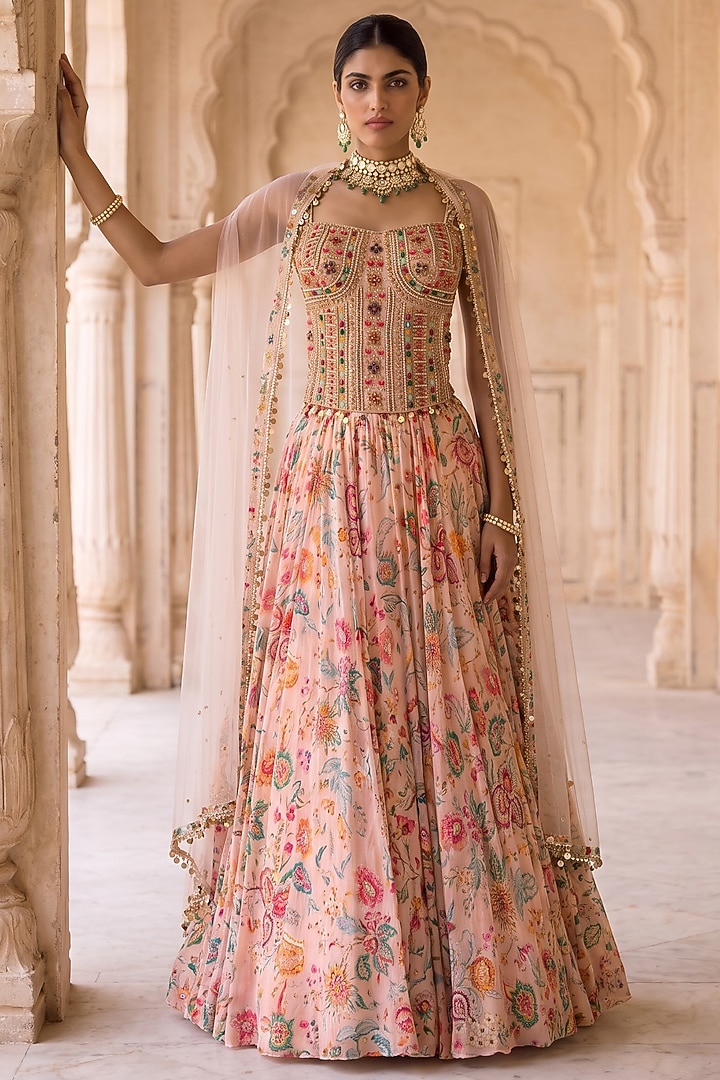 Peach Chinon Chiffon Chintz Printed & Hand Embroidered Wedding Lehenga Set by Aneesh Agarwaal PRET at Pernia's Pop Up Shop