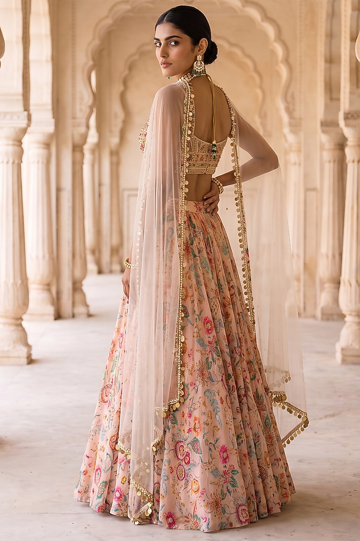 Peach Chinon Chiffon Chintz Printed & Hand Embroidered Wedding Lehenga Set by Aneesh Agarwaal PRET at Pernia's Pop Up Shop