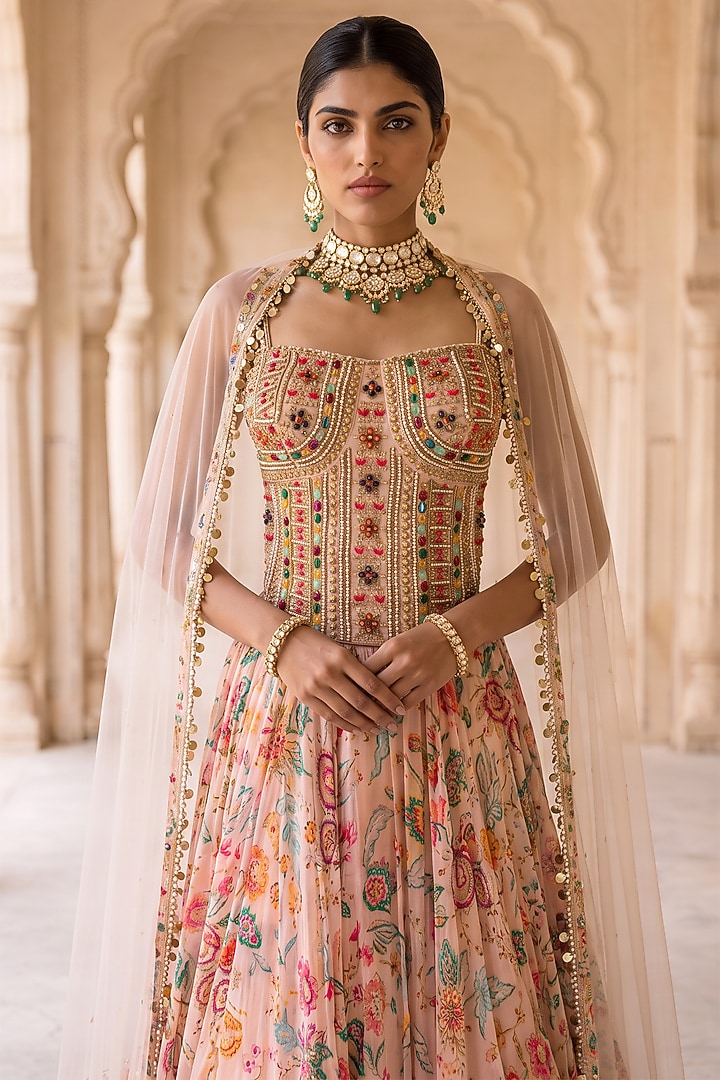 Peach Chinon Chiffon Chintz Printed & Hand Embroidered Wedding Lehenga Set by Aneesh Agarwaal PRET at Pernia's Pop Up Shop
