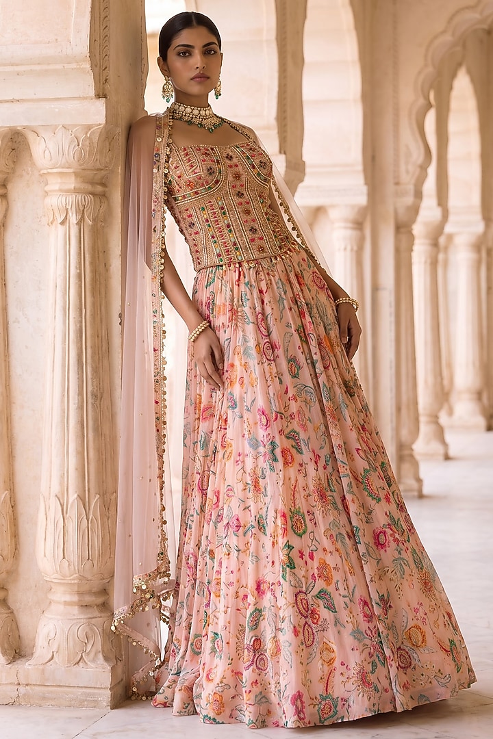 Peach Chinon Chiffon Chintz Printed & Hand Embroidered Wedding Lehenga Set by Aneesh Agarwaal PRET at Pernia's Pop Up Shop