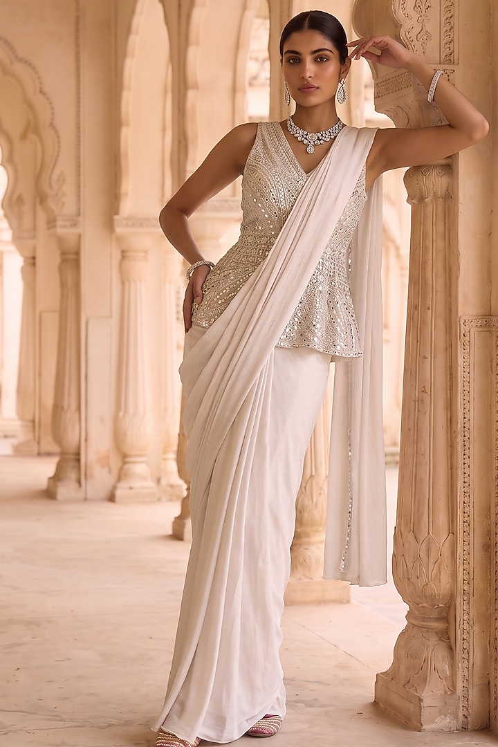 Ivory Moonga Satin Chiffon Embroidered Pre-Draped Wedding Saree Set by Aneesh Agarwaal PRET at Pernia's Pop Up Shop