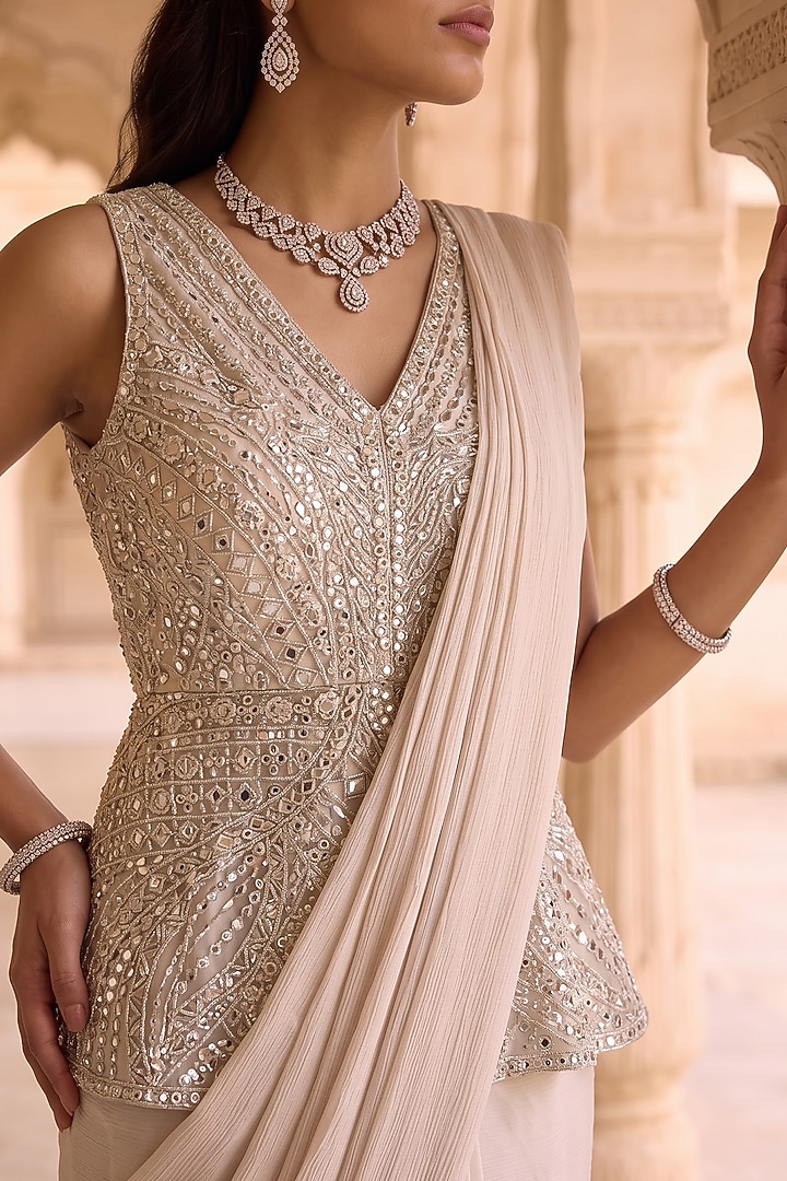 Ivory Moonga Satin Chiffon Embroidered Pre-Draped Wedding Saree Set by Aneesh Agarwaal PRET at Pernia's Pop Up Shop