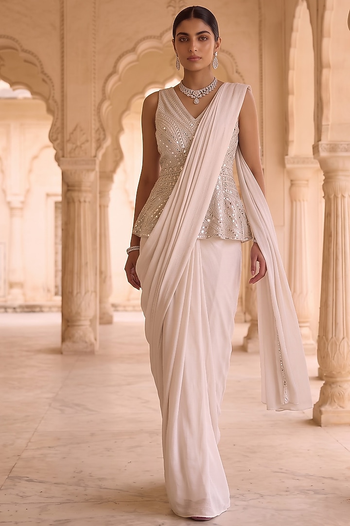 Ivory Moonga Satin Chiffon Embroidered Pre-Draped Wedding Saree Set by Aneesh Agarwaal PRET at Pernia's Pop Up Shop