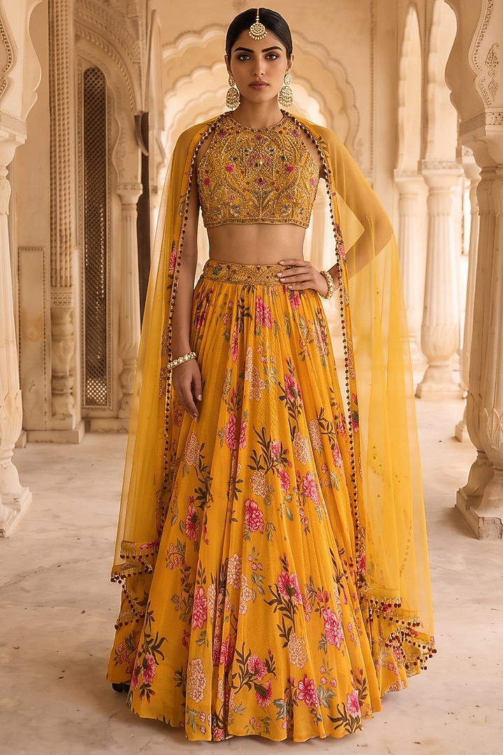 Yellow Chinon Chiffon Chintz Printed & Hand Embroidered Wedding Lehenga Set by Aneesh Agarwaal PRET at Pernia's Pop Up Shop