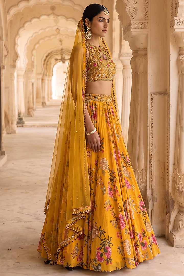 Yellow Chinon Chiffon Chintz Printed & Hand Embroidered Wedding Lehenga Set by Aneesh Agarwaal PRET at Pernia's Pop Up Shop