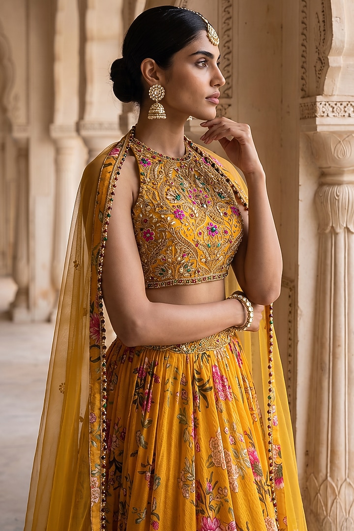 Yellow Chinon Chiffon Chintz Printed & Hand Embroidered Wedding Lehenga Set by Aneesh Agarwaal PRET at Pernia's Pop Up Shop