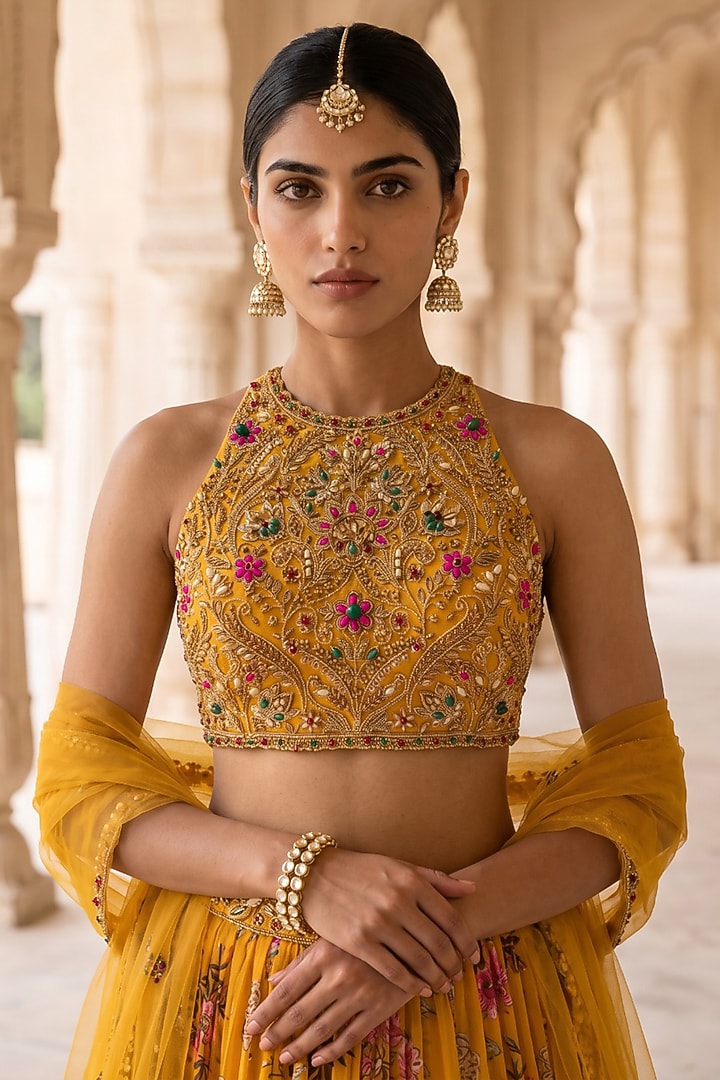 Yellow Chinon Chiffon Chintz Printed & Hand Embroidered Wedding Lehenga Set by Aneesh Agarwaal PRET at Pernia's Pop Up Shop