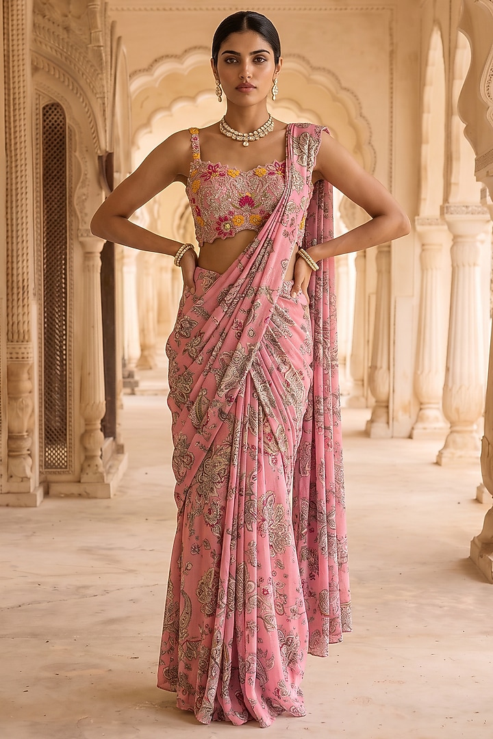 Pink Chinon Chiffon Chintz Floral Printed Pre-Draped Wedding Saree Set by Aneesh Agarwaal PRET at Pernia's Pop Up Shop