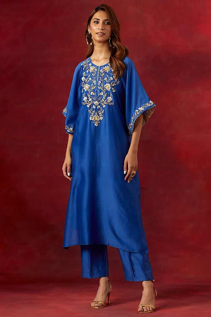 Blue Silk Chanderi Resham Embroidered Kurta Set by Anantaa By Roohi Trehan