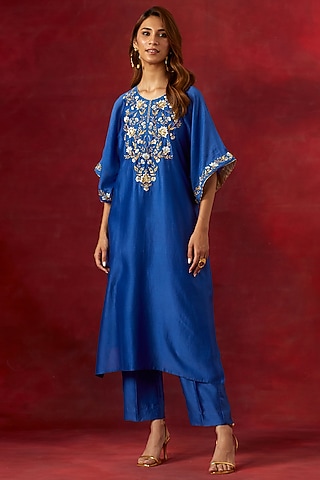 Blue Silk Chanderi Resham Embroidered Kurta Set by Anantaa By Roohi Trehan