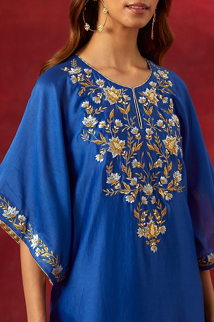 Blue Silk Chanderi Resham Embroidered Kurta Set by Anantaa By Roohi Trehan at Pernia's Pop Up Shop