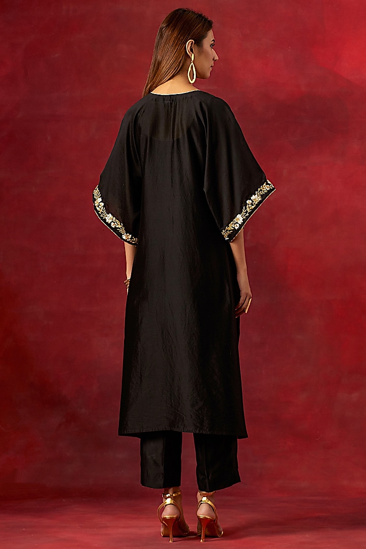 Black Silk Chanderi Resham Embroidered Kurta Set by Anantaa By Roohi Trehan at Pernia's Pop Up Shop