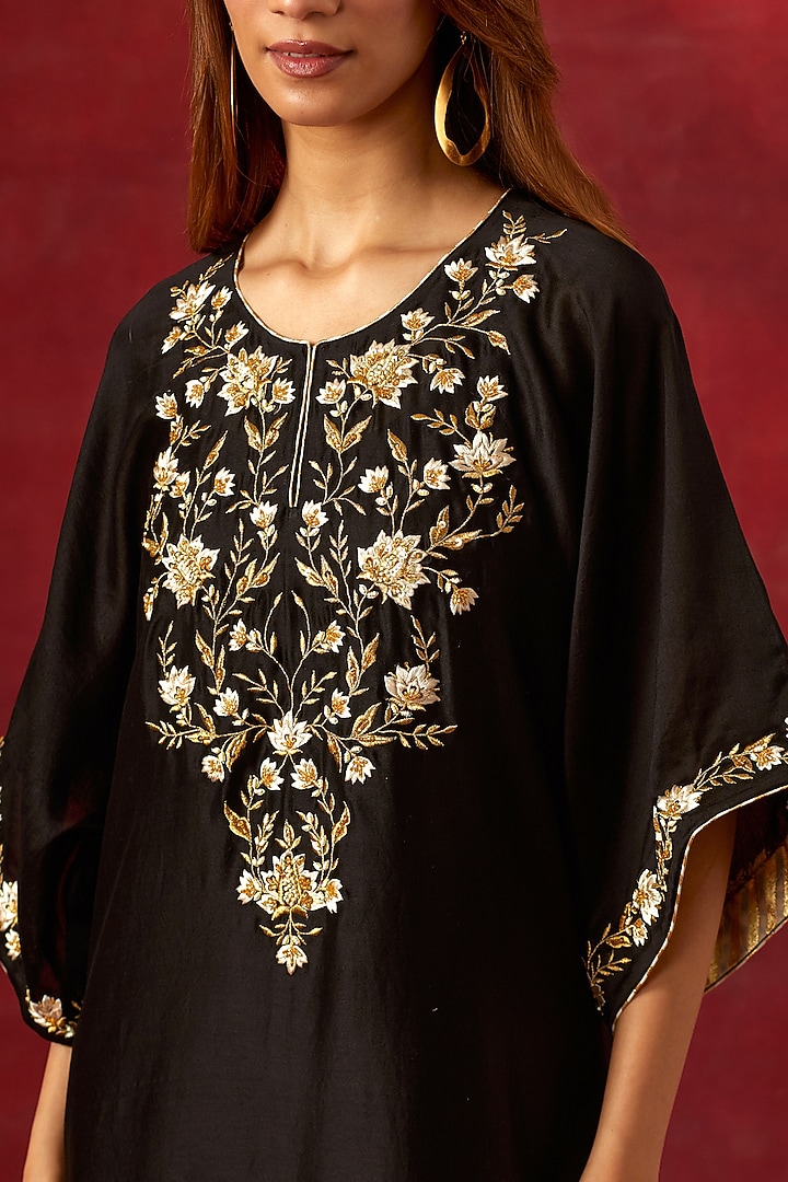 Black Silk Chanderi Resham Embroidered Kurta Set by Anantaa By Roohi Trehan at Pernia's Pop Up Shop