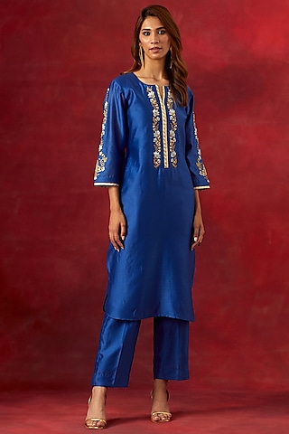 Blue Silk Chanderi Resham Embroidered Kurta Set by Anantaa By Roohi Trehan